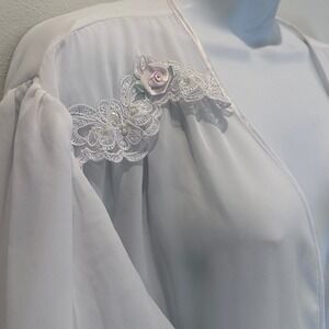 Vintage Cinema Etoile White Sheer Lace‎ Peignoir Rose Kimono Robe Duster XLarge